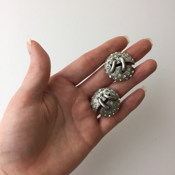 Vintage Rhinestone Silver Lace Up Clip On Earrings - Picture 7 of 8
